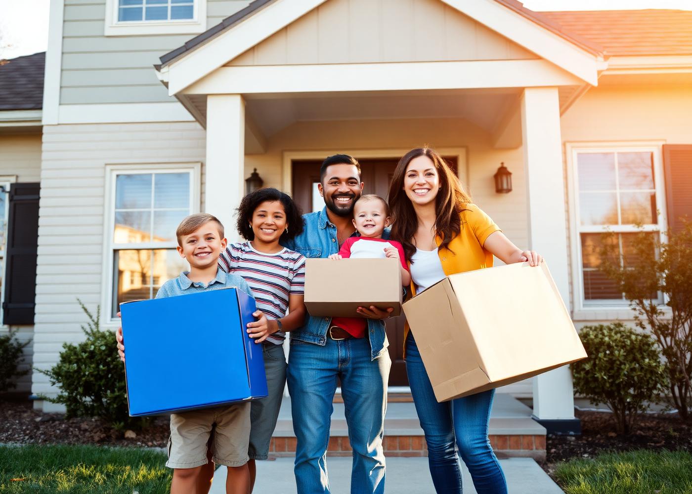 Happy family standing in front of their new Texas home with moving boxes